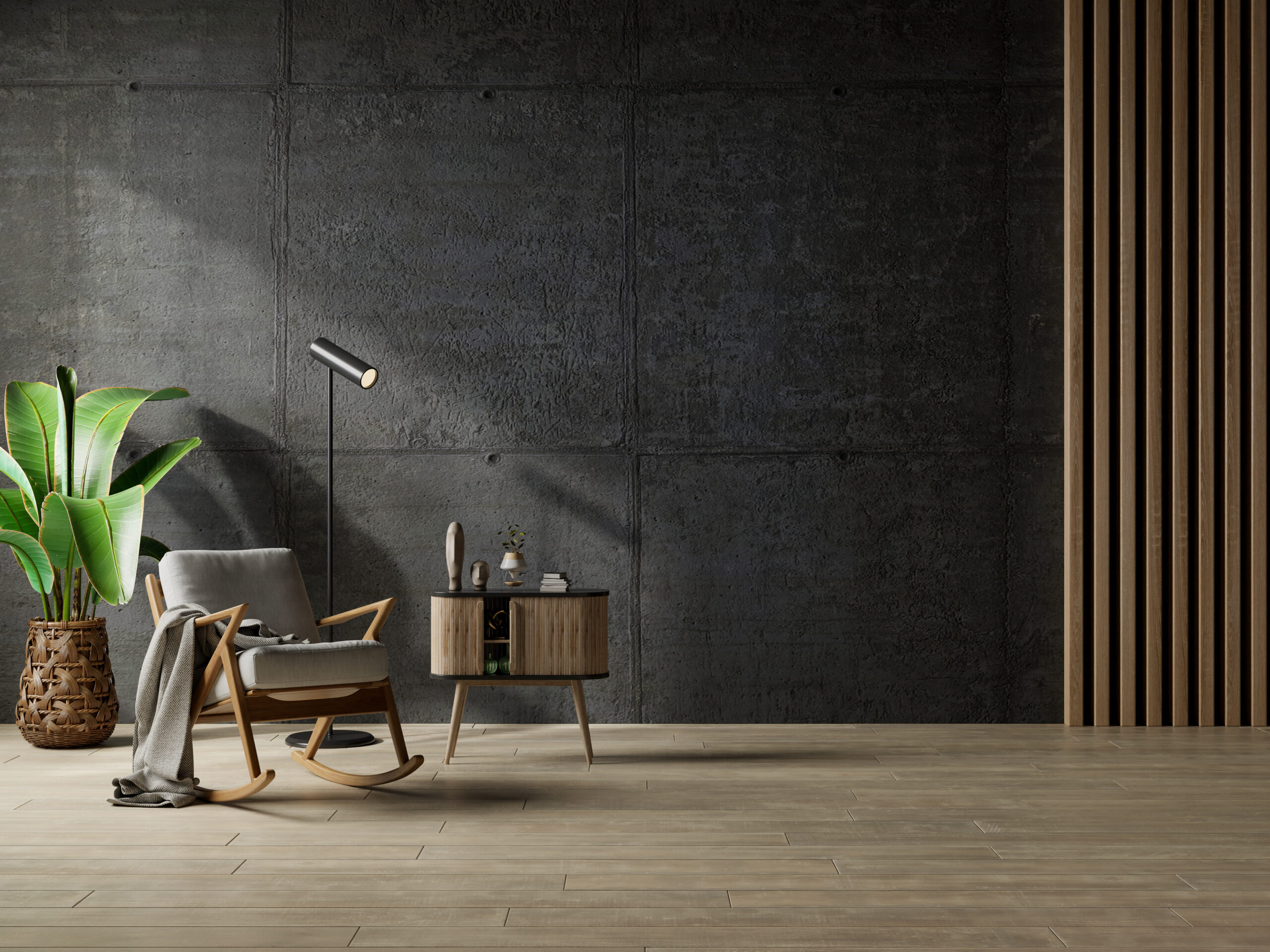 Living room interior in loft style with gray armchair on empty concrete wall.3d rendering