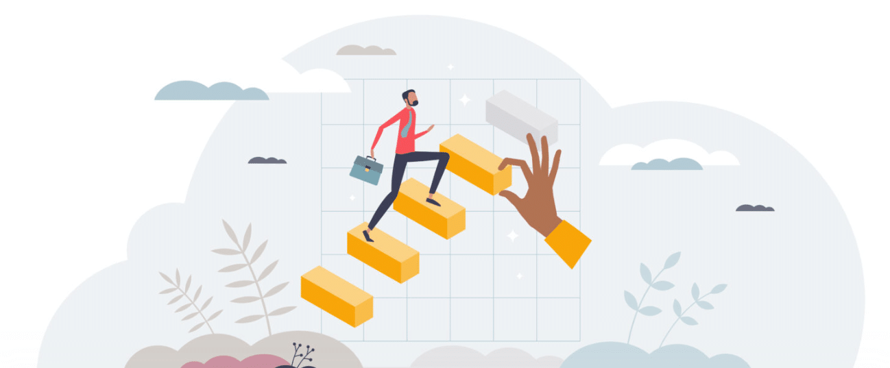 Illustration d'un atelier sur le burn-out montrant une personne gravissant des marches vers une main tendue, symbolisant l'accompagnement et le bilan de compétence.