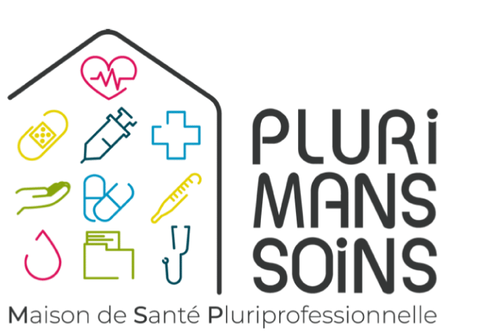 Logo Pluri Mans Soins, Maison de Santé Pluriprofessionnelle, entouré de pictogrammes médicaux colorés